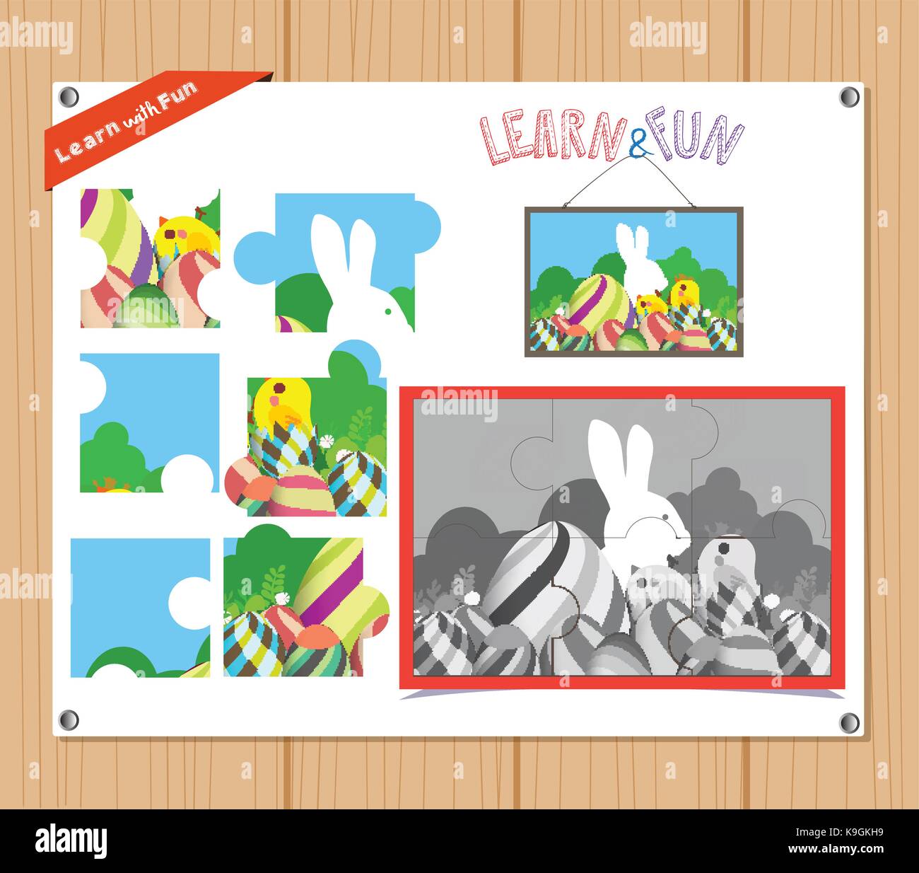 Cartoon Illustration of Education Jigsaw Puzzle Game for Preschool Children with easter Stock Vector