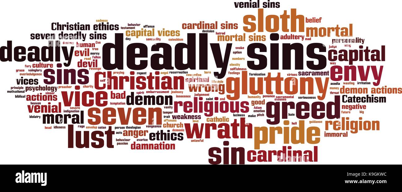 Deadly sins word cloud concept. Vector illustration Stock Vector