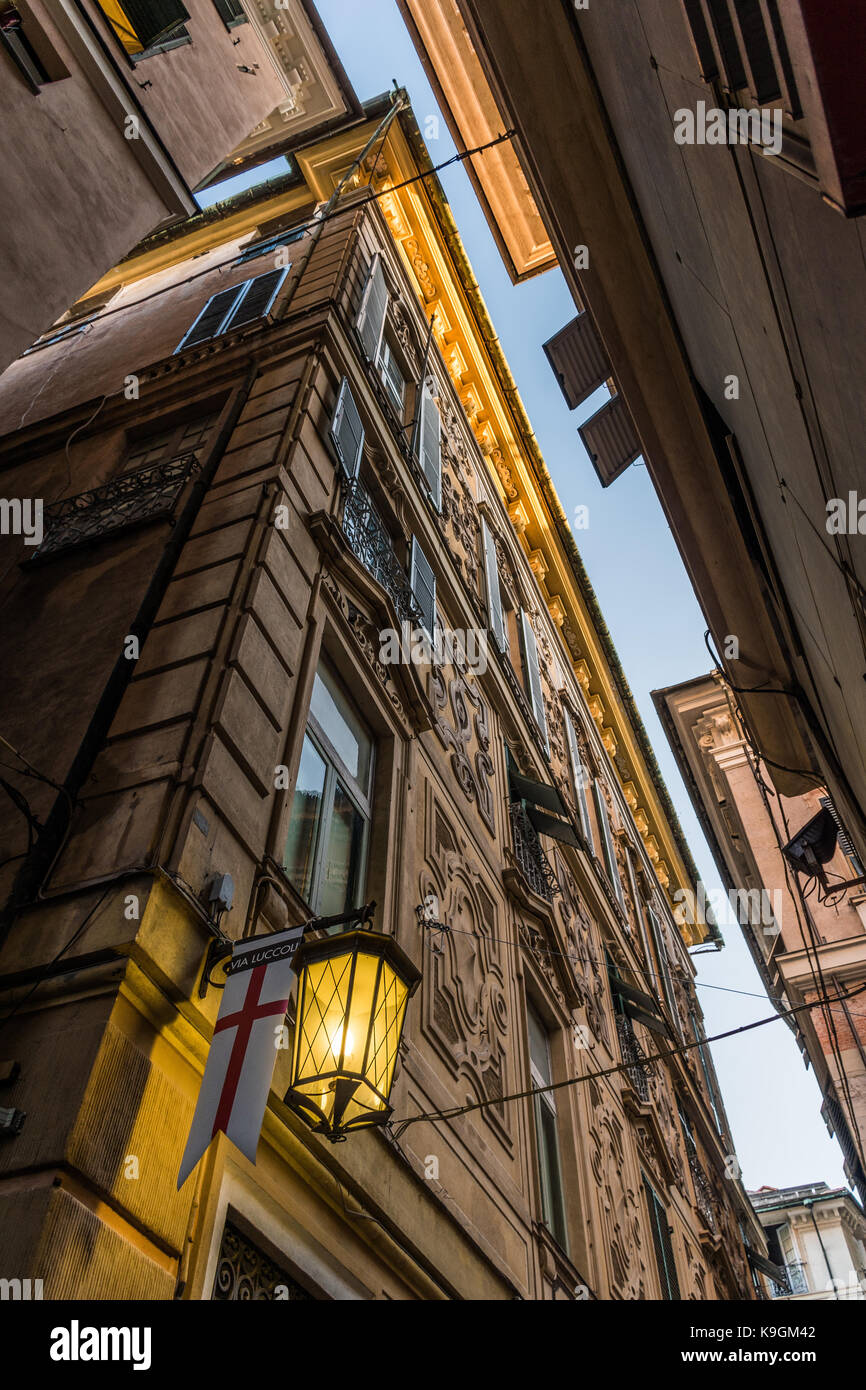 Typical view of a dark alley in the downtown of Genoa Stock Photo