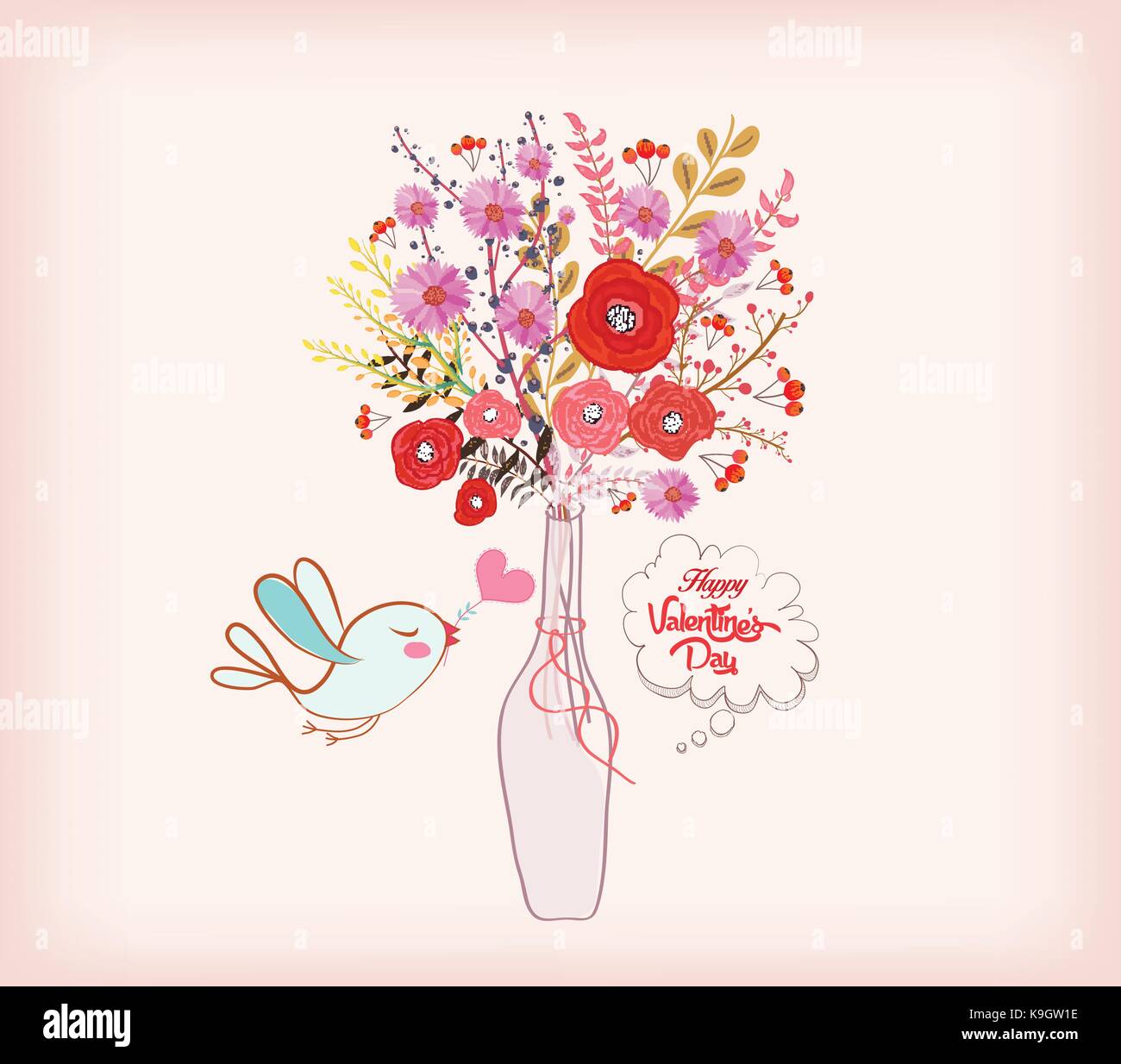 Valentines day card. Beautiful card with watercolor flowers, bottle ...