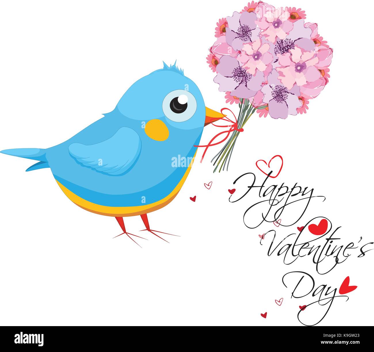 Valentines day card with flower bouquet and bird. Hand drawn lettering Stock Vector Image & Art