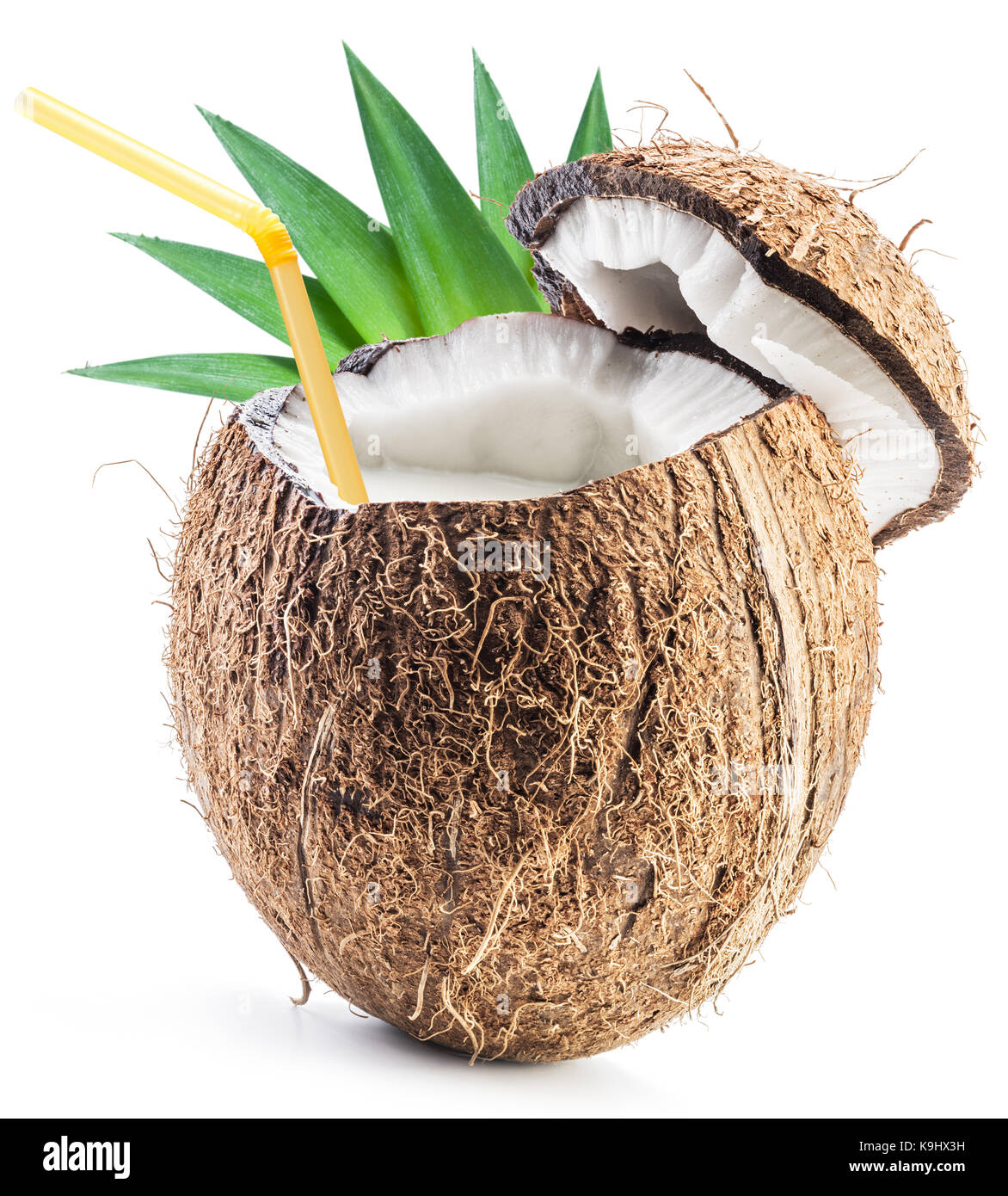 Cracked coconut fruit with coconut milk inside Stock Photo Alamy