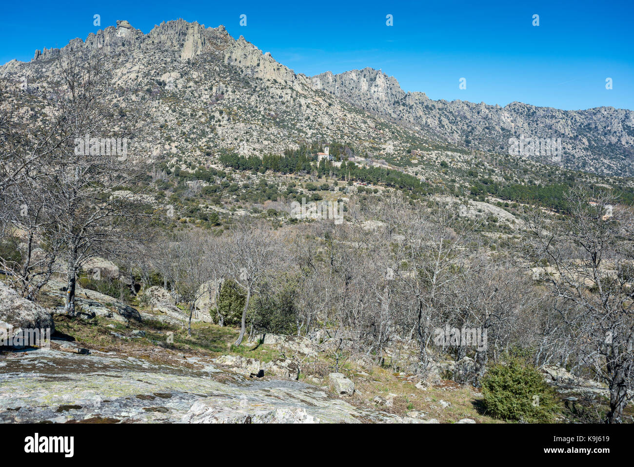 Views of La Cabrera Range, in Madrid, Spain. It can be seen the Convent of San Antonio. Stock Photo