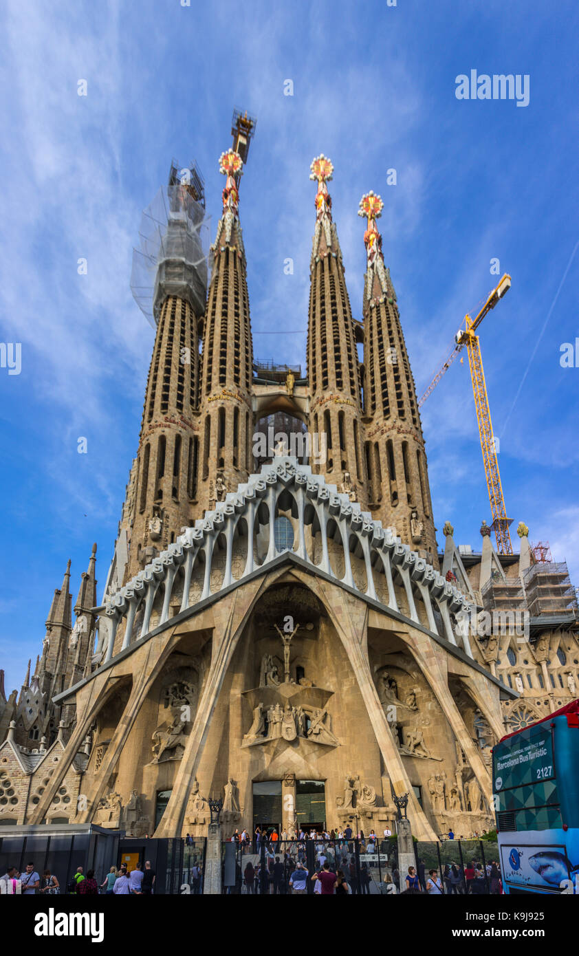 Barcelona, Spain. September 2017:Vertical Panorama of Sagrada Familia catholic church, work of architect Antonio Gaudi in Barcelona, Catalonia. Stock Photo