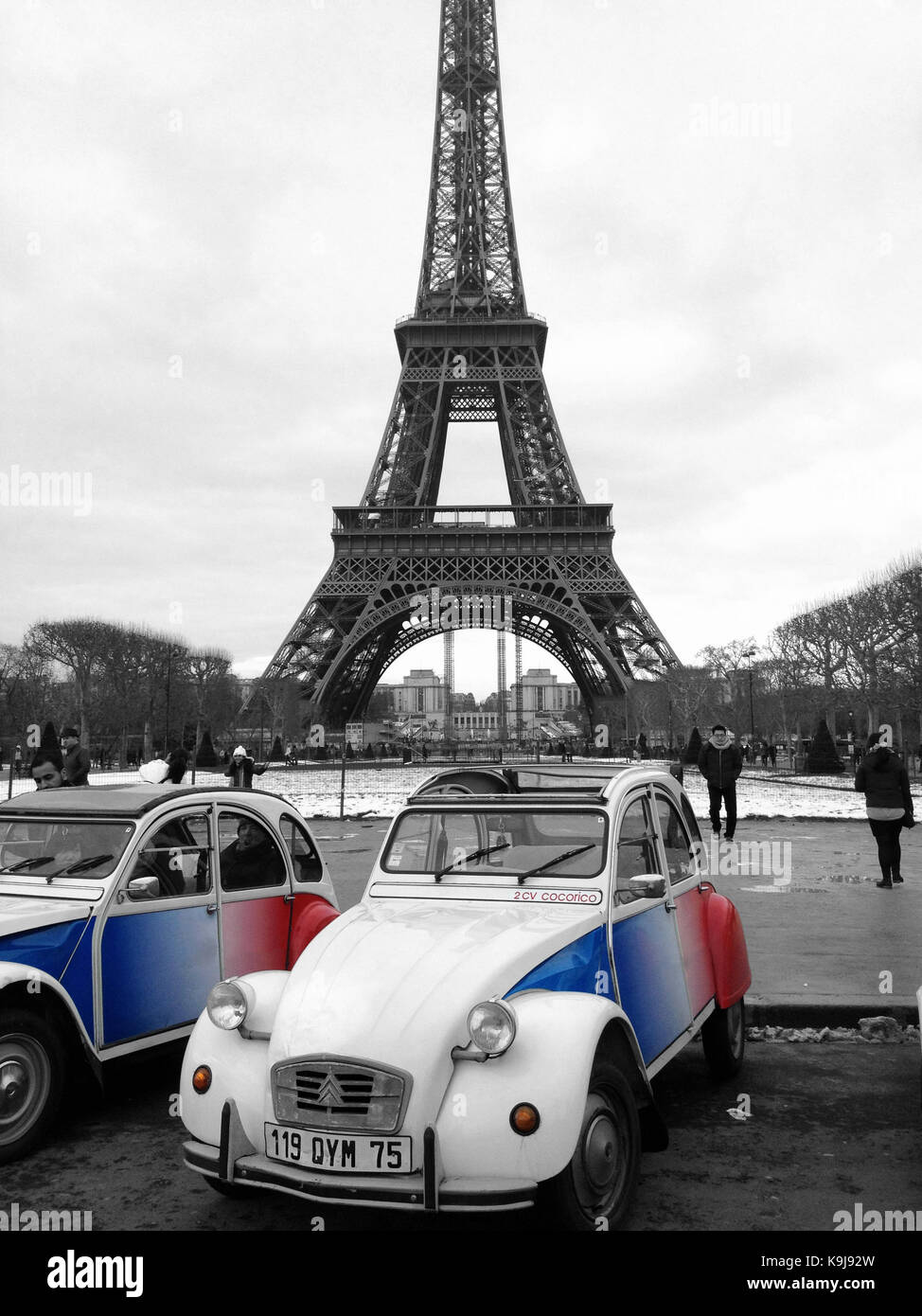 Paris, France - March 13, 2013: 2CV Cocorico Tricolor Cars. Two