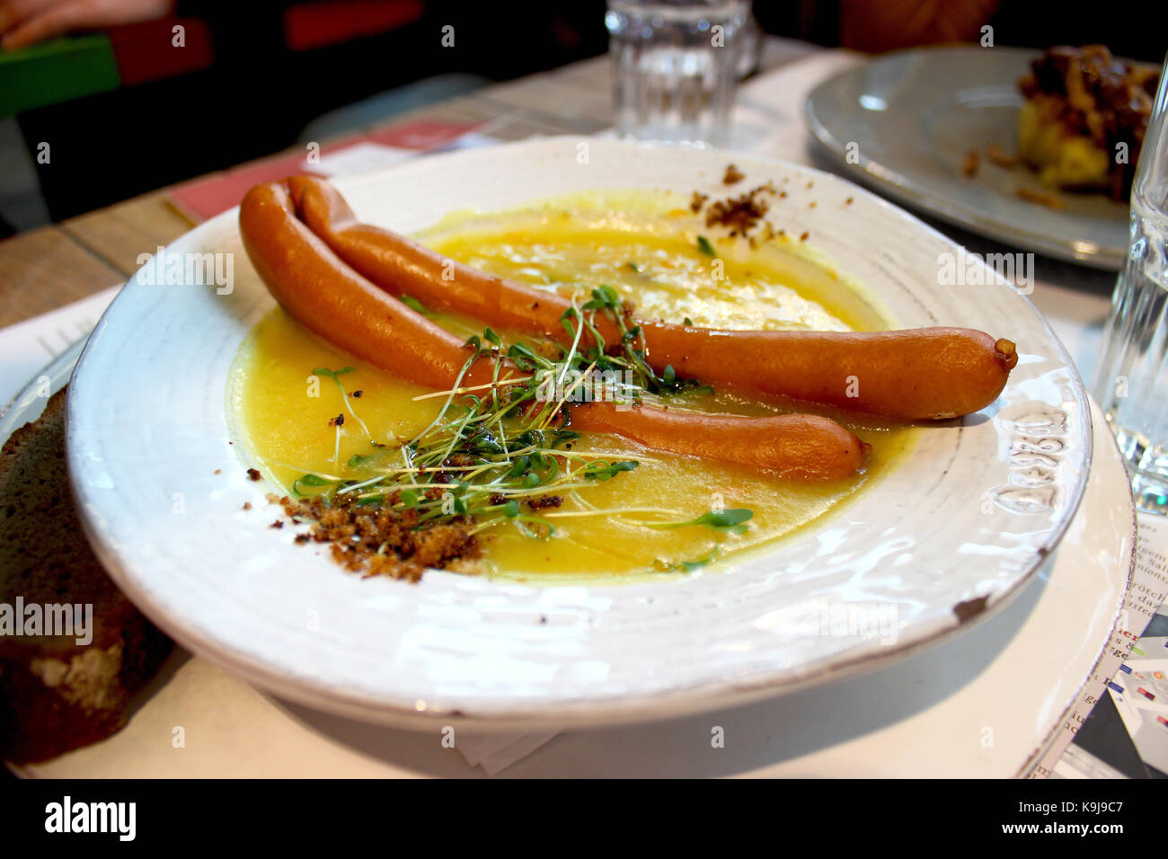 Frankfurter sausage with soup Frankfurt restaurant, Germany Stock