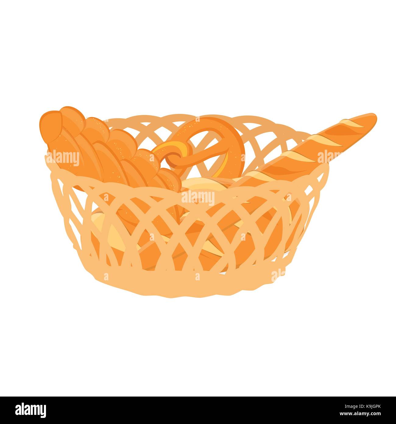 Vector illustration wicker basket full with bakery. Bread and buns ...