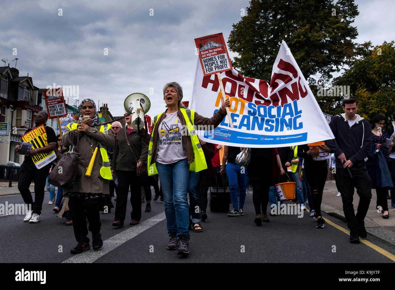 London, UK, 23rd September 2017. Protesters march down Green Lanes in Harringay, North London in protest of the trasfering of Haringey Council's social housing stock to the private developer Lendlease.The march started at Tottenham Green and finished at Finsbury Park. (c) Paul Swinney/Alamy Live News Stock Photo