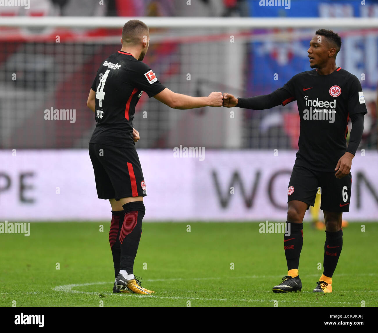 Leipzig, Germany. 23rd Sep, 2017. Frankfurt's Ante Rebic celebrates with teammate Jonathan de Guzman (R) after giving his side a 2:1 lead during the German Bundesliga match between RB Leipzig and Eintracht Frankfurt at the Red Bull Arena in Leipzig, Germany, 23 September 2017. (EMBARGO CONDITIONS - ATTENTION: Due to the accreditation guidelines, the DFL only permits the publication and utilisation of up to 15 pictures per match on the internet and in online media during the match.) Credit: Hendrik Schmidt/dpa-Zentralbild/dpa/Alamy Live News Stock Photo