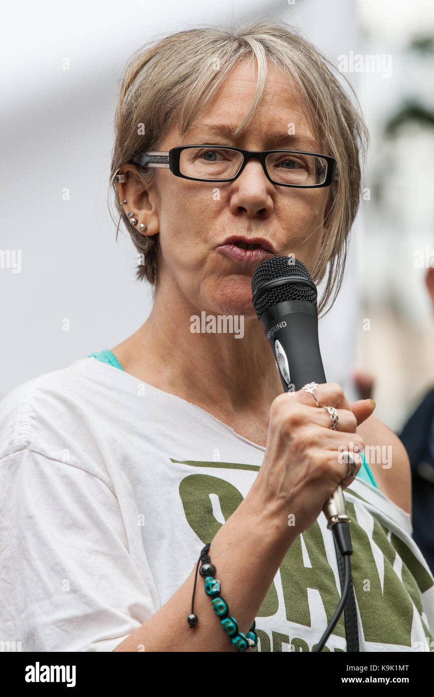 London, UK. 23rd Sep, 2017. Anne Cooper of the Save Cressingham Gardens addresses campaigners for improved social housing provision before a march from Seven Sisters to Finsbury Park in Haringey in protest against the transfer by London councils of council estates to private developers and in particular steps by Haringey Council to transfer property and assets to developer Lend Lease by means of the Haringey Development Vehicle. Credit: Mark Kerrison/Alamy Live News Stock Photo