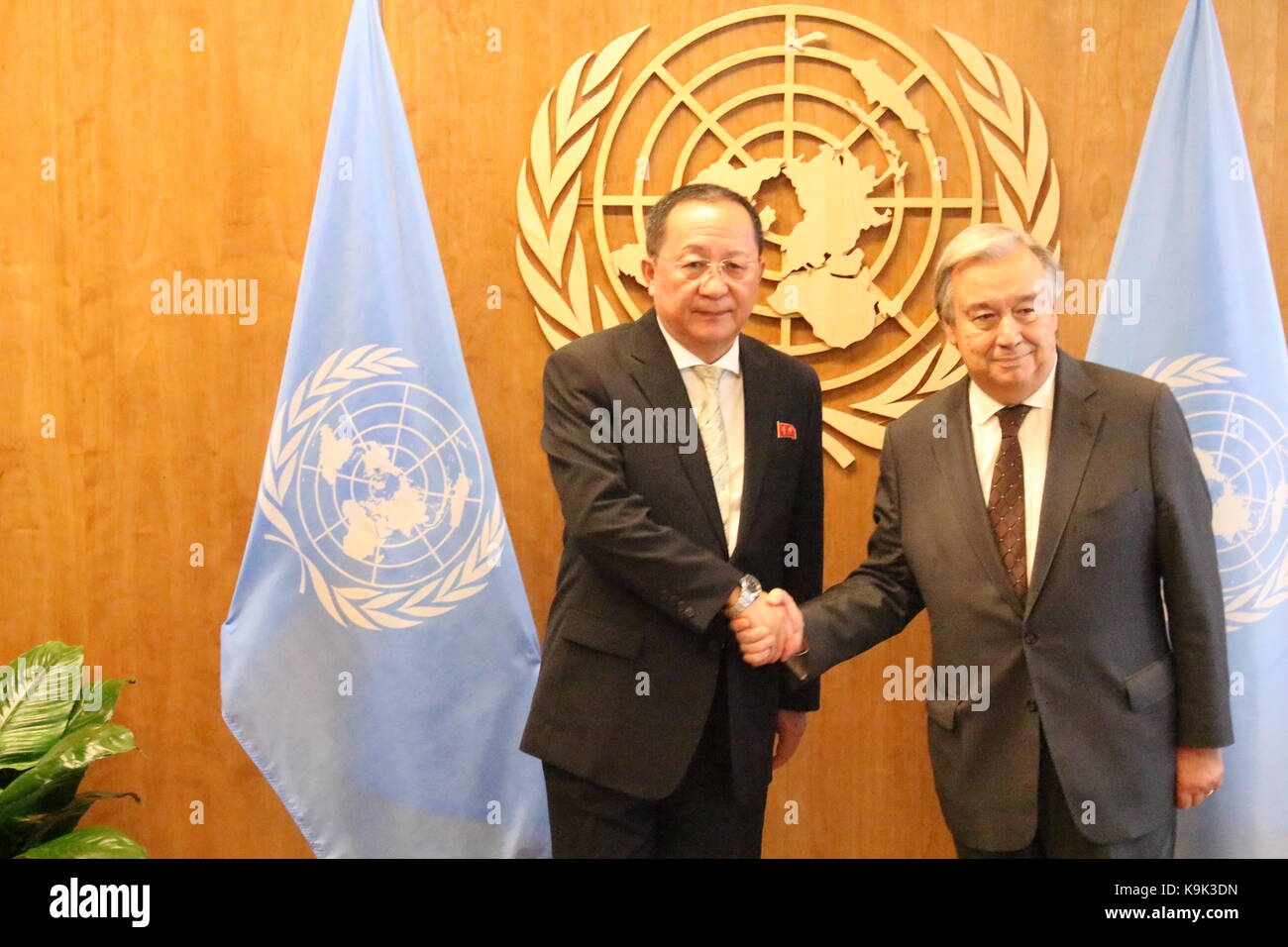 UN, New York, USA. 23rd Sept, 2017. North Korea's Foreign Minister Ri Yong Ho met UN Sec-Gen Antonio Guterres amid mounting tensions on the Korea Peninsula. Photo: Matthew Russell Lee / Inner City Press Stock Photo