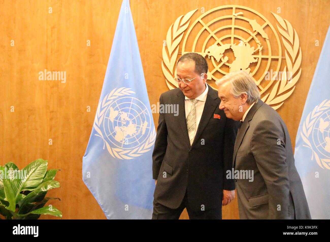 UN, New York, USA. 23rd Sept, 2017. North Korea's Foreign Minister Ri Yong Ho met UN Sec-Gen Antonio Guterres amid mounting tensions on the Korea Peninsula. Photo: Matthew Russell Lee / Inner City Press Stock Photo