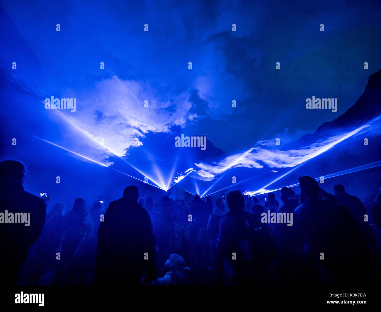 Peak District, UK. 23rd September, 2017. WATERLICHT, an ambitious and large-scale digital installation by Dutch Designer, Daan Roosegaarde lit up the v shaped valley of Winnats Pass that acts as a gateway into Castleton and the Hope Valley. WATERLICHT virtually flooded Winnats Pass with light and smoke to reveal the geological formations of the site and its history as a valley once submerged under a tropical sea. Credit: Bailey-Cooper Photography/Alamy Live News Stock Photo