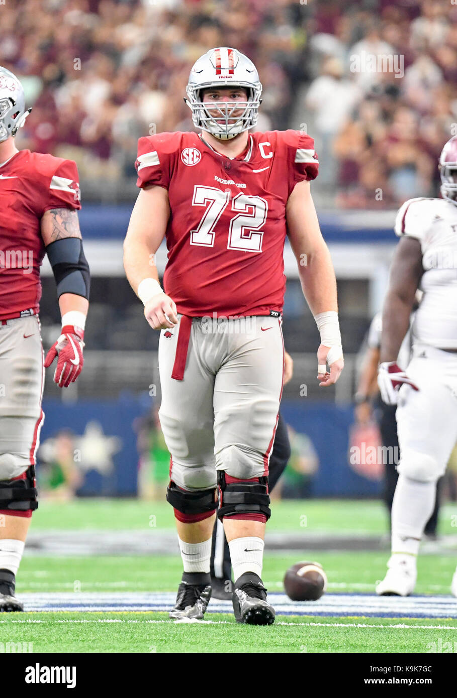 September 23, 2017: Arkansas Razorbacks offensive lineman Frank Ragnow #72  in the Southwest Classic NCAA Football game between the Texas A&M Aggies  and the University of Arkansas Razorbacks at AT&T Stadium in