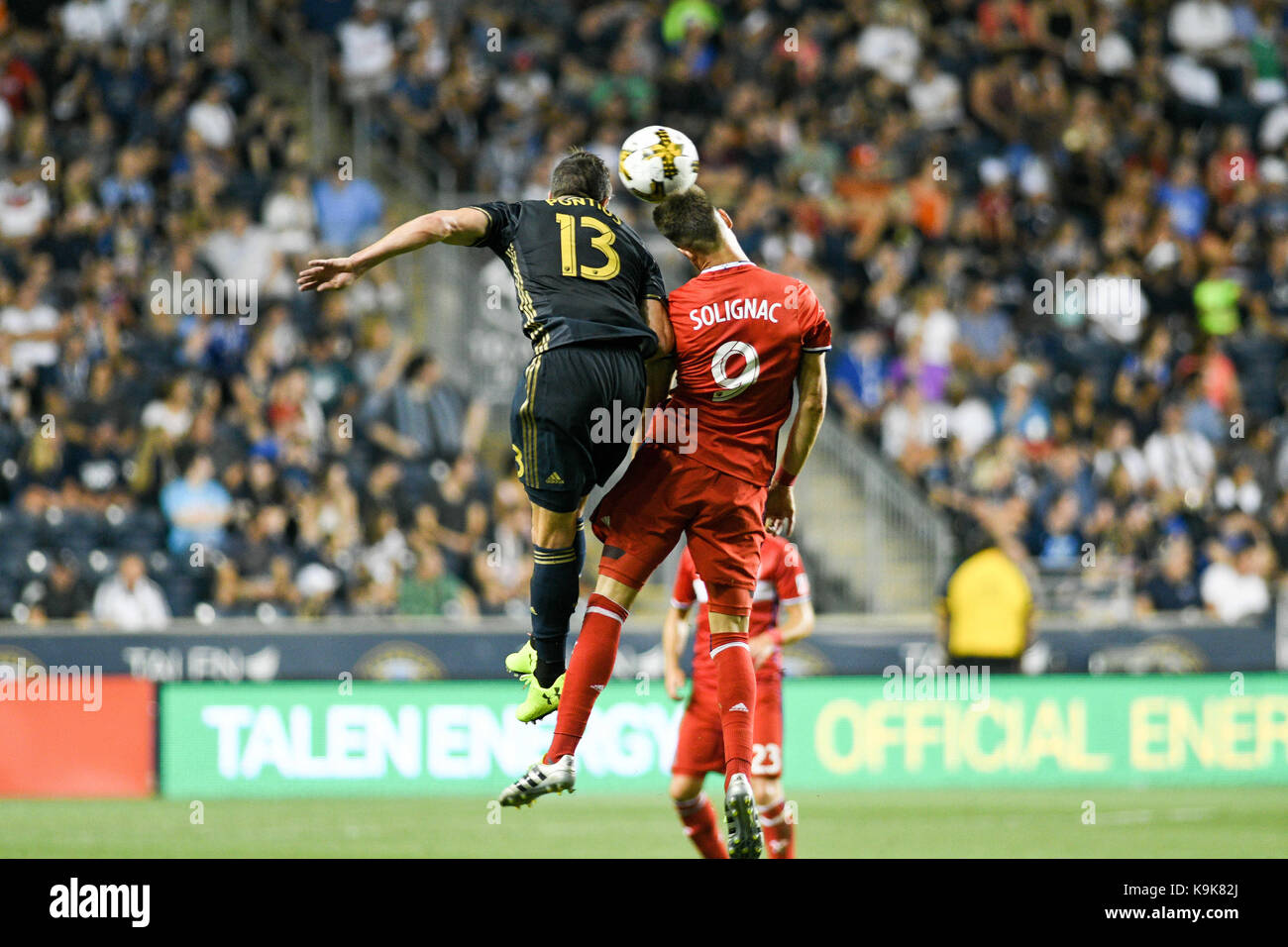 Chester, Pennsylvania, USA. 23rd Sep, 2017. Philadelphia Union's CHRIS PONTIUS (13) in action against LUIS SOLIGNAC, (9) during the match against the Chicago Fire at Talen Energy Stadium in Chester Pennsylvania Credit: Ricky Fitchett/ZUMA Wire/Alamy Live News Stock Photo