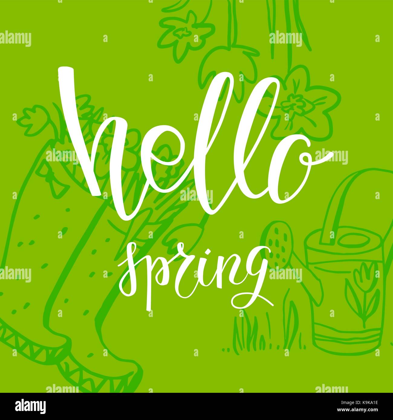 Card of hello spring background, with drawing of flower frame. Vector ...