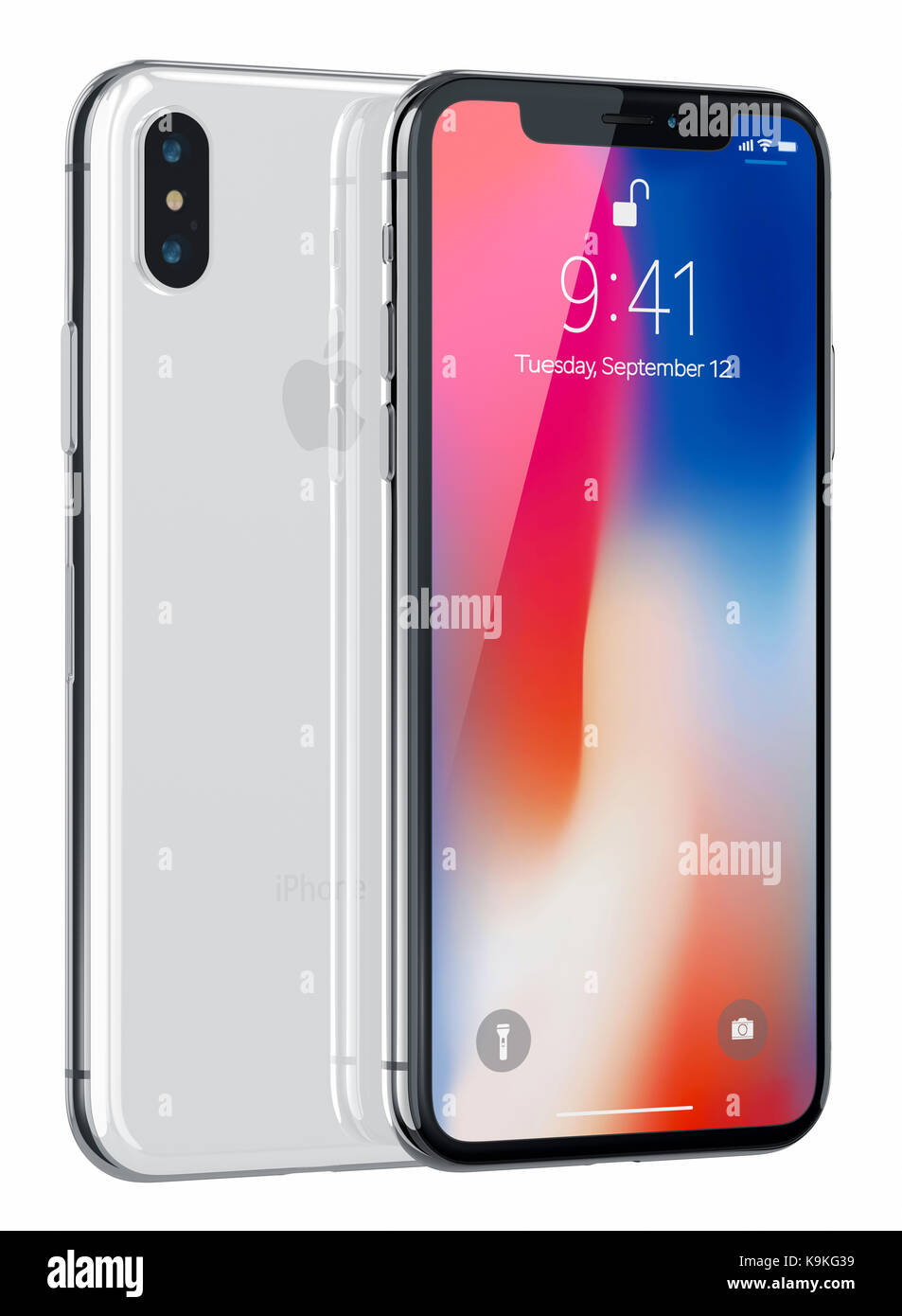 Galati, Romania - September 20, 2017: 3D Render of a two New iPhone X (Ten) Illustrative Editorial Image, on white background. With iPhone X, the devi Stock Photo