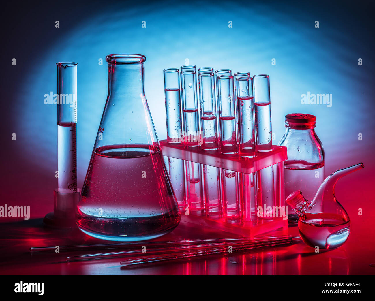 Different laboratory beakers and glassware. Multicolored Stock Photo Alamy