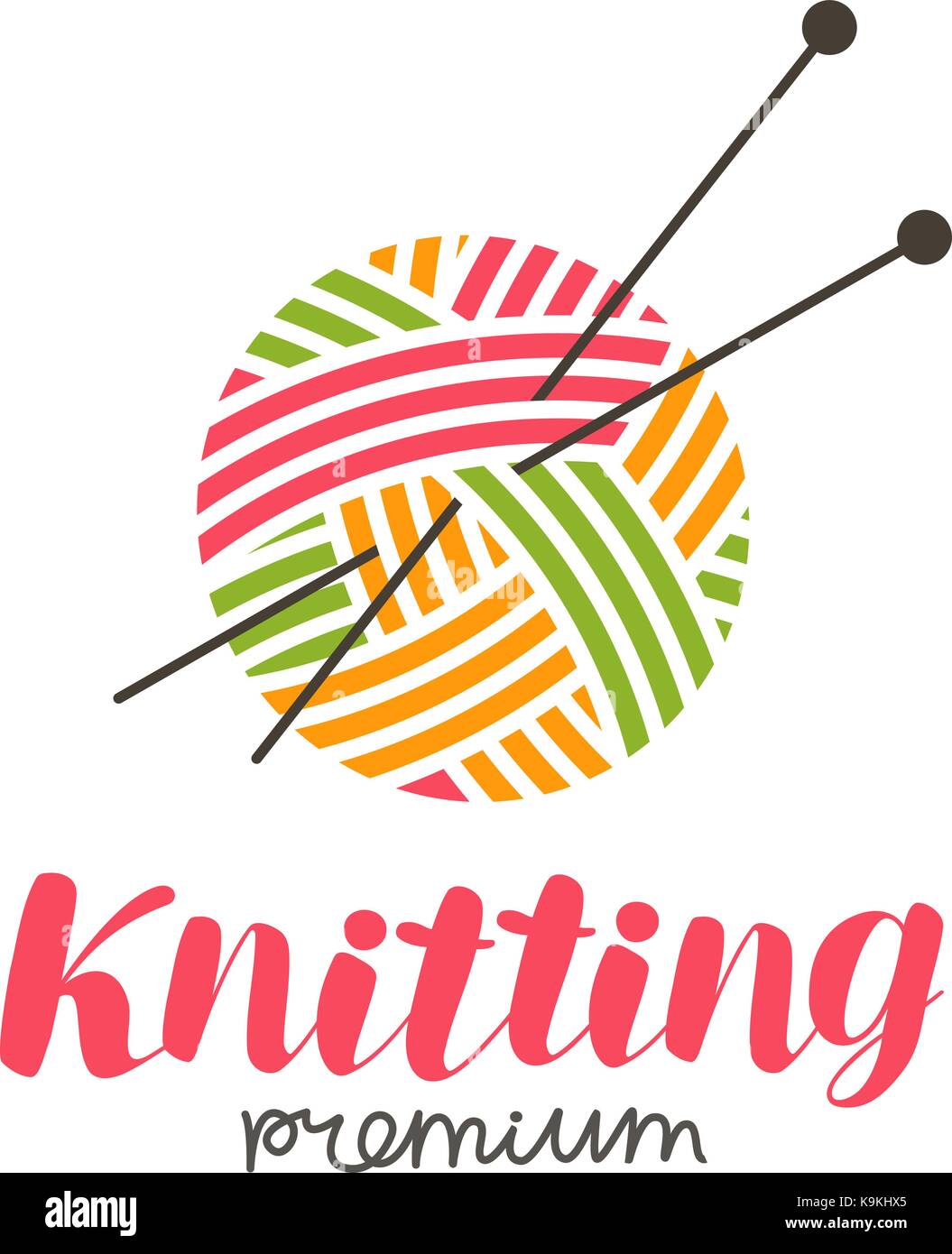 Knitting logo or label. Needlework, knit, ball of yarn and needles icon. Lettering vector illustration Stock Vector