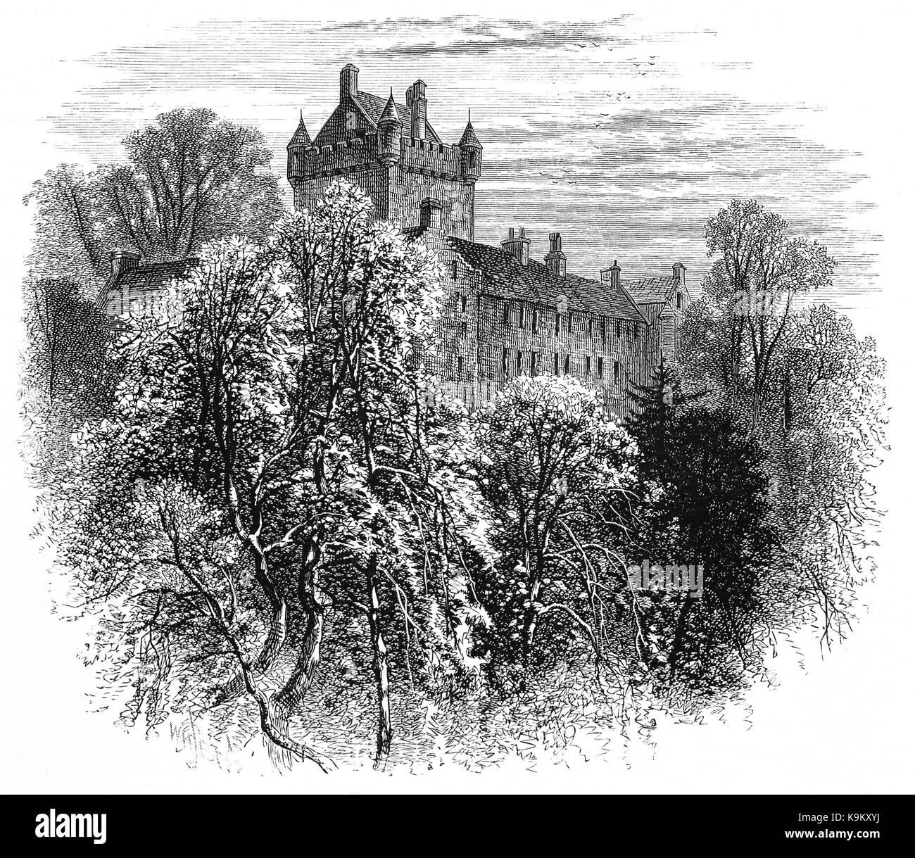 1870: Cawdor Castle was built around a 15th-century tower house, with substantial additions in later centuries in the parish of Cawdor in Nairnshire, Scotland.  The castle is perhaps best known for its literary connection to William Shakespeare's tragedy Macbeth, in which the title character is made 'Thane of Cawdor'. However, the story is highly fictionalised, and the castle itself, which is never directly referred to in Macbeth, was built many years after the life of the 11th-century King Macbeth. Stock Photo