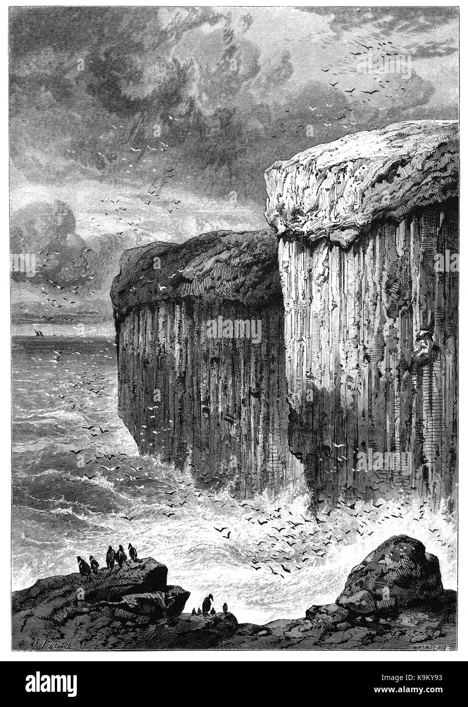 1870: Fingal's Cave is a sea cave on the uninhabited island of Staffa, in the Inner Hebrides of Scotland, known for its natural acoustics. The cave is formed entirely from hexagonally jointed basalt columns within a Paleocene lava flow, similar in structure to the Giant's Causeway in Northern Ireland and those of nearby Ulva. It became known as Fingal's Cave after the eponymous hero of an epic poem by 18th-century Scots poet-historian James Macpherson. Stock Photo