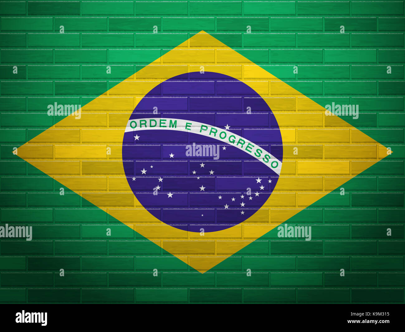 Brasil flag on textured brick wall. Stock Photo