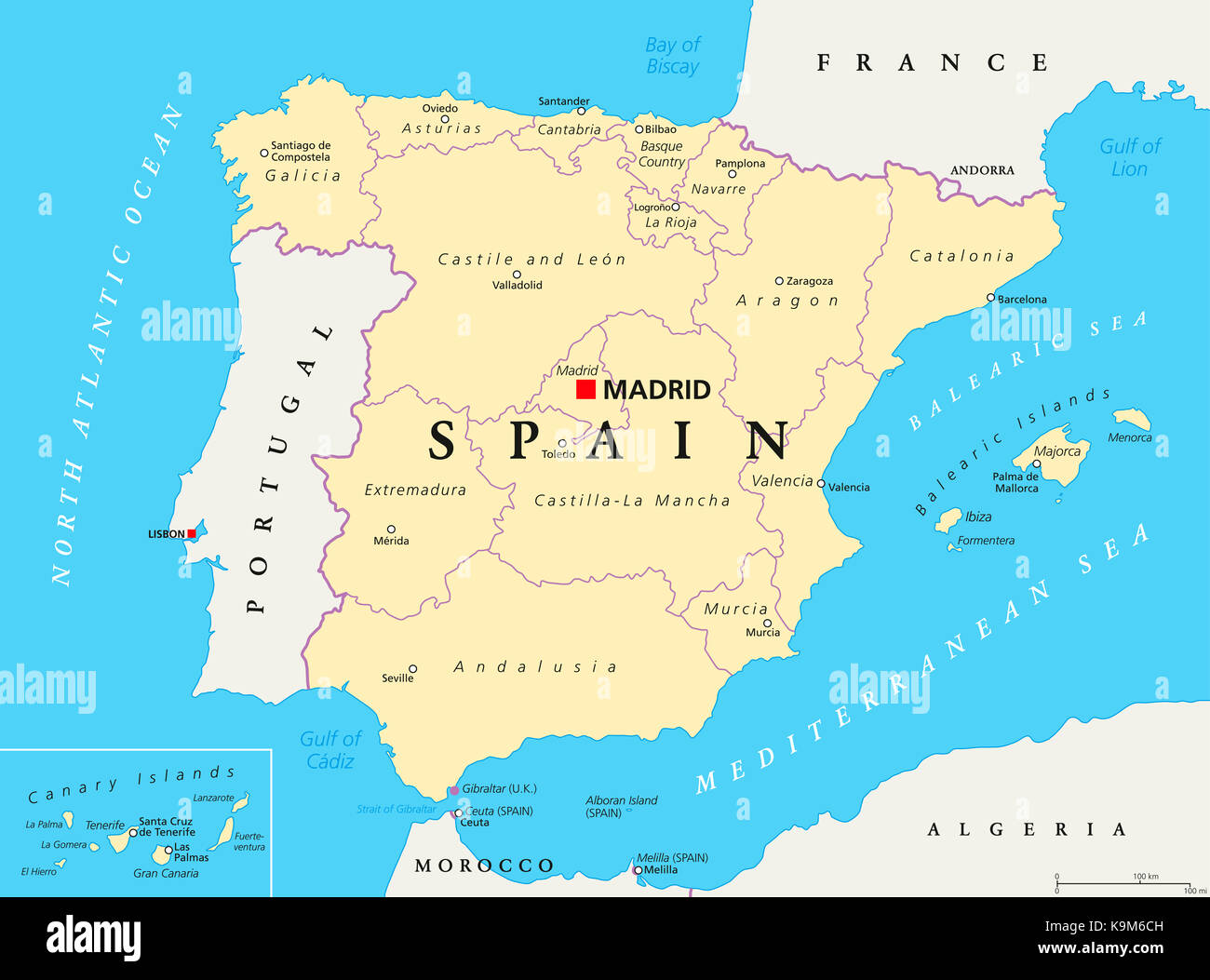 Spain administrative divisions political map. Autonomous communities and their capitals. Territorial organization, municipalities and provinces. Stock Photo