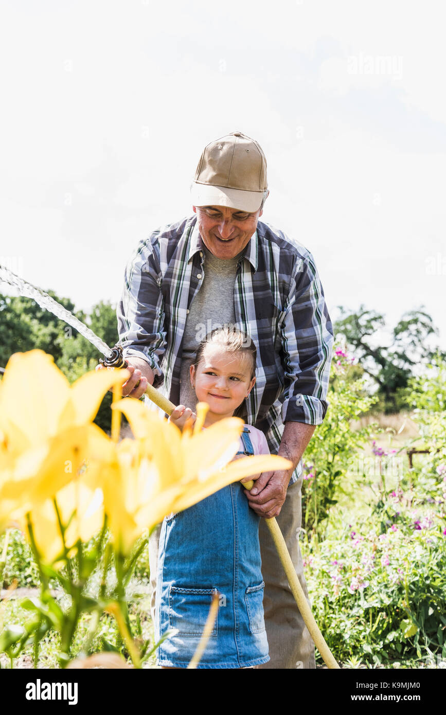 Grandfather and granddaughter in the garden watering plants Stock Photo