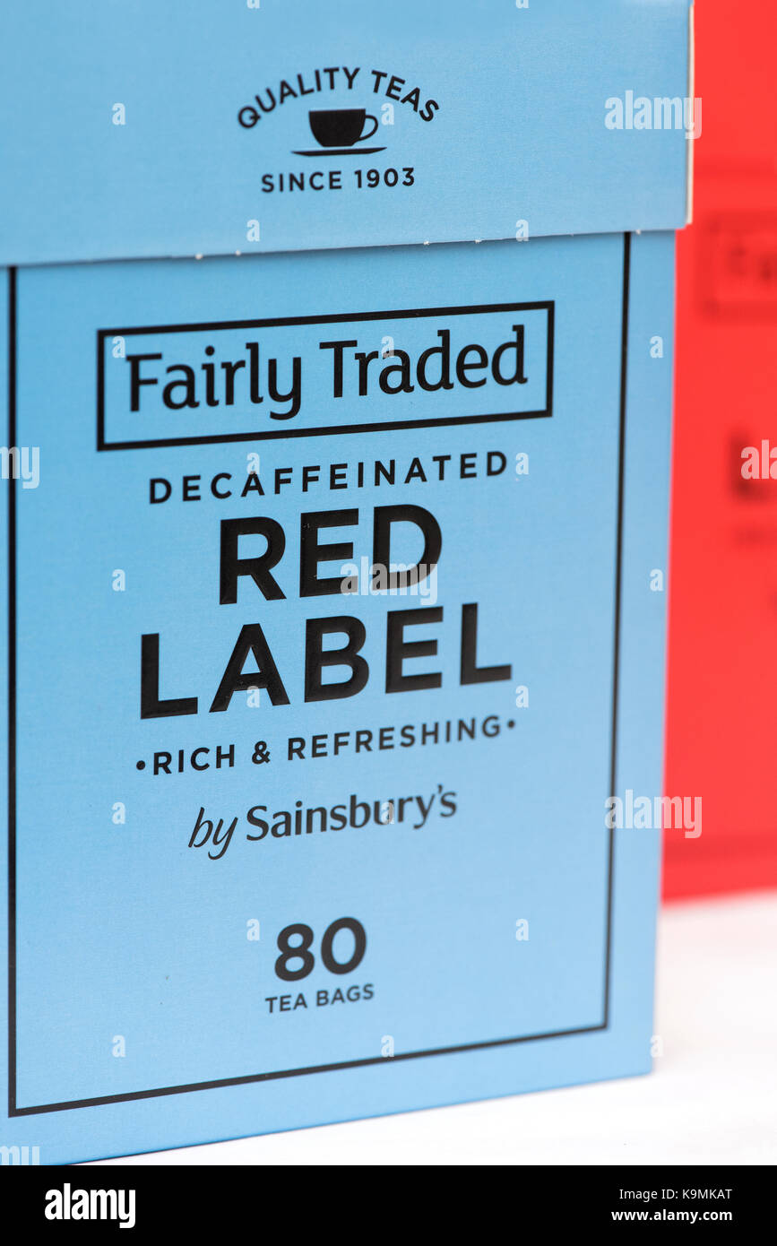 Sainsbury’s Fairly Traded Red Label Tea packets on a White background Stock Photo