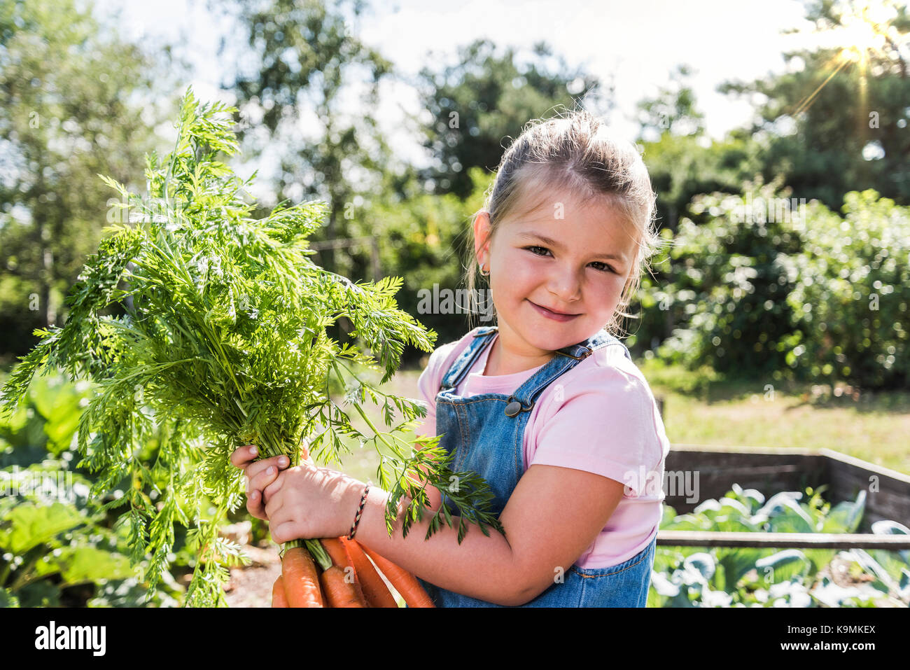 Portrait of smiling girl in garden holding bunch of carrots Stock Photo