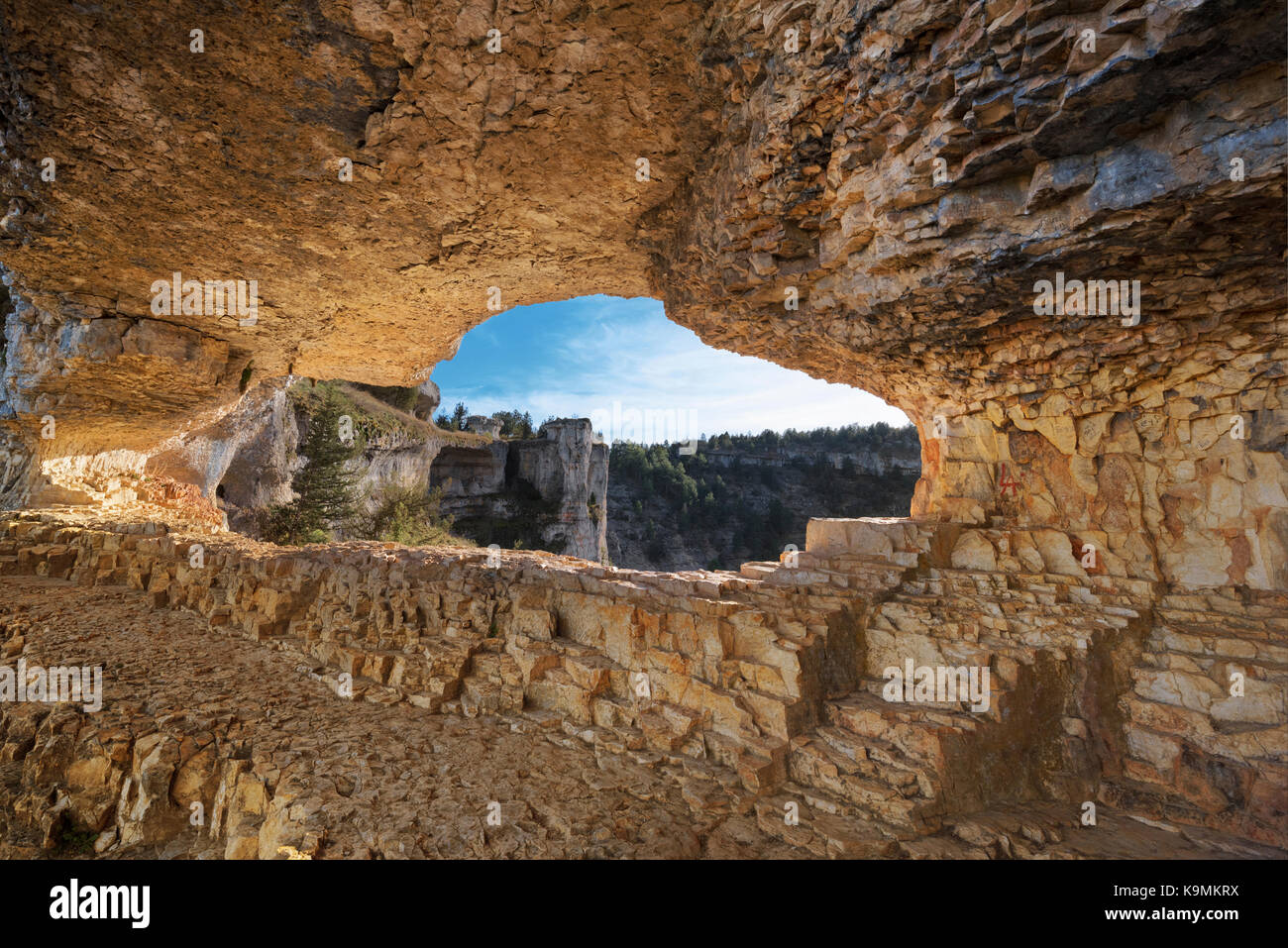 Natural hole in the rock in River wolves canyon park, Soria, Spain. Stock Photo