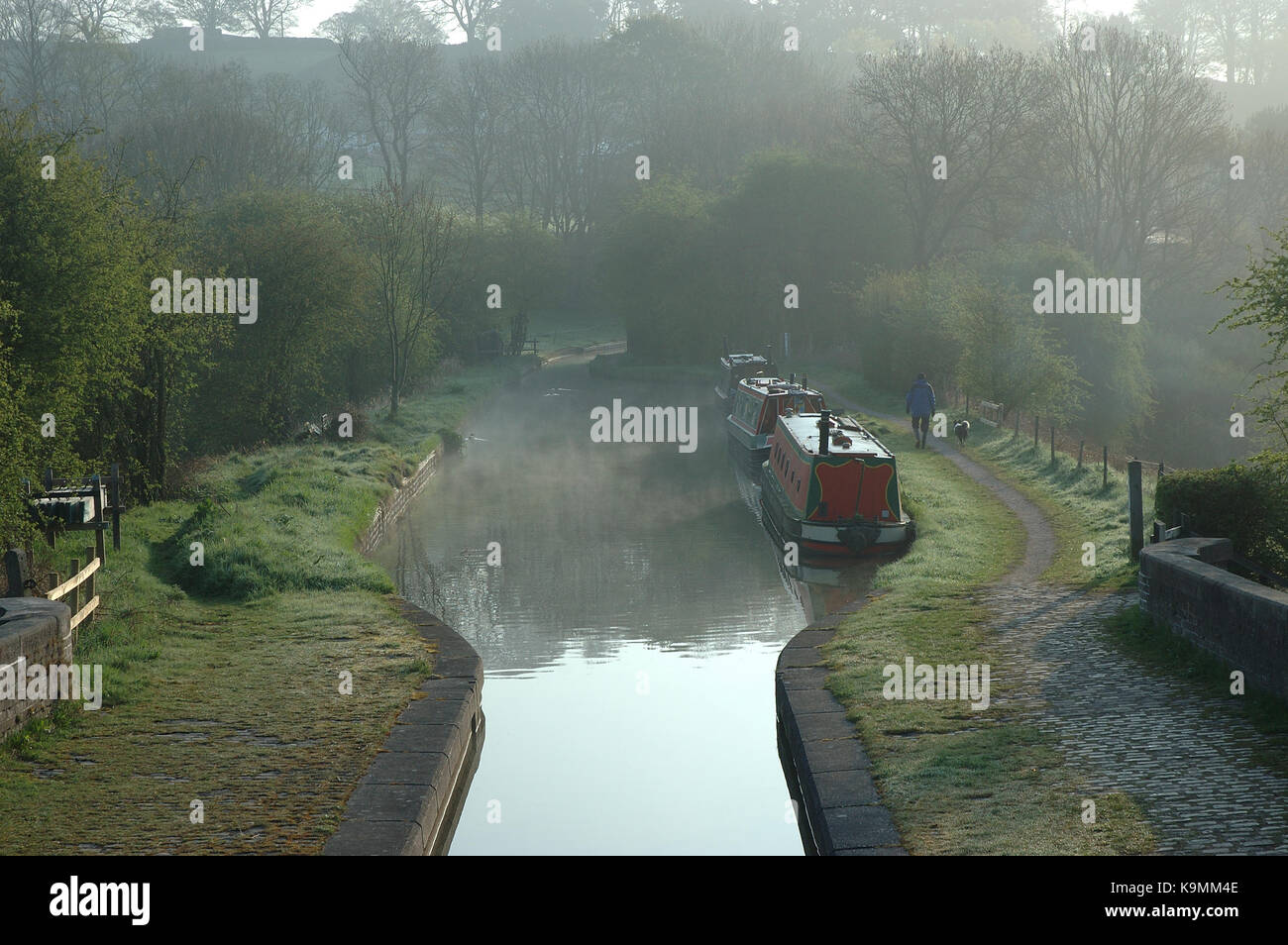 Misty morning, Boats moored on Caldon Canal, Denford, Stoke on Trent, Staffordshire, England, UK, United Kingdom, Europe Stock Photo