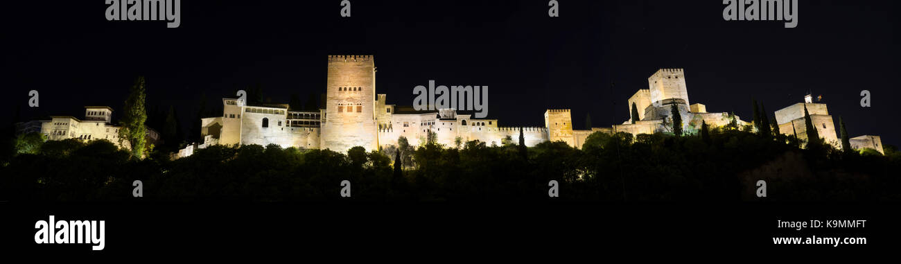 Night Panorama of the famous Alhambra palace, Granada, Andalusia, Spain. Stock Photo