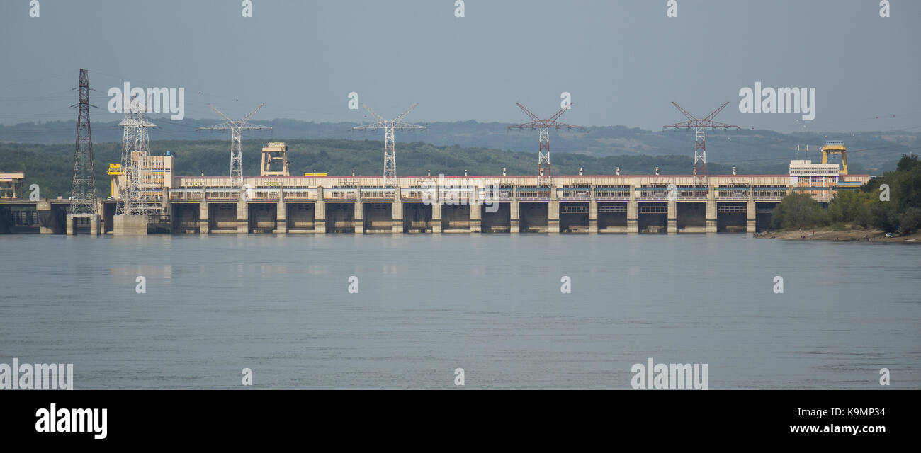 Serbia, River Danube at Iron gate, Hydro-electric power station Djerdap number one Stock Photo