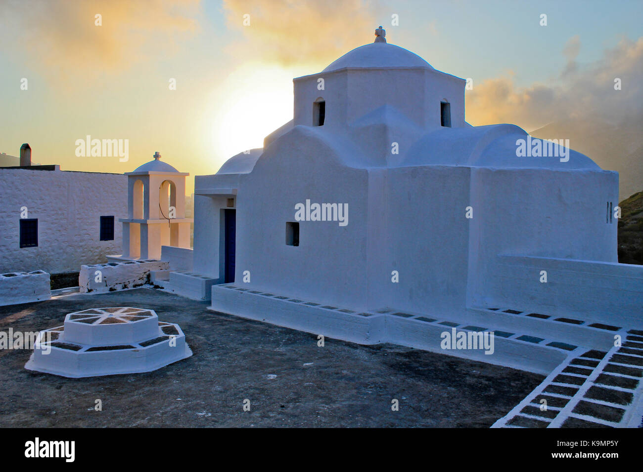 A Greek church overlooks the Olimpo valley in Karpathos Stock Photo
