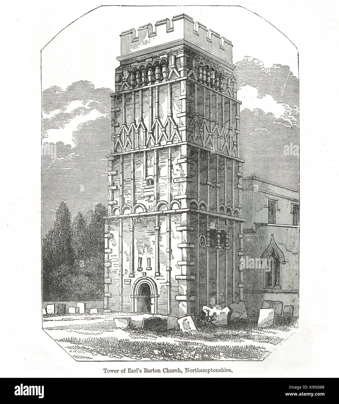 Tower of Earls Barton church, 19th Century illustration Stock Photo