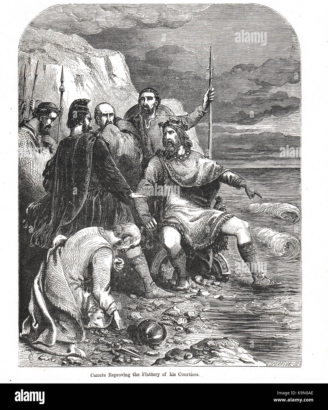 King Canute and the waves, 11th century, Cnut the Great reproving the flattery of his courtiers Stock Photo