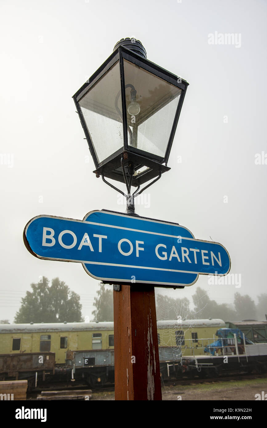 Lamp and sign at Boat of Garten station in Scotland, UK Stock Photo