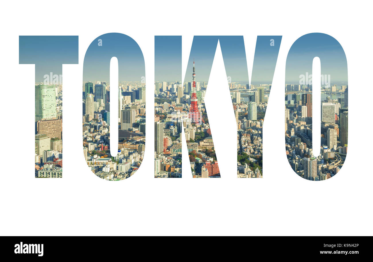 Word TOKYO over Skyline of Tokyo Cityscape with Tokyo Tower, Japan Stock Photo