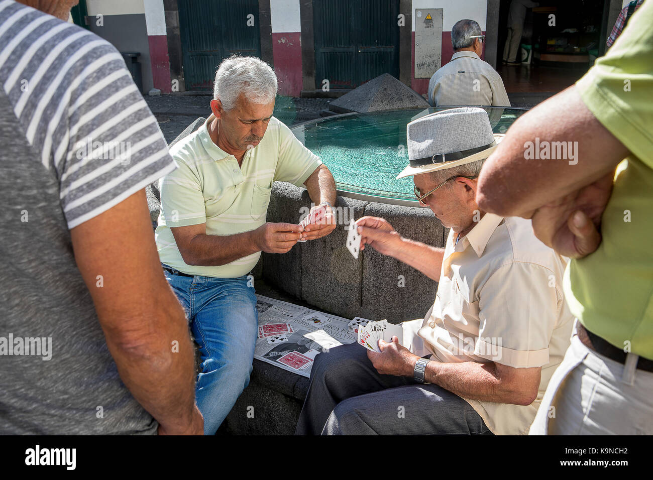 former fishermen playing cards, Camara de Lobos, Madeira, Portugal Stock Photo