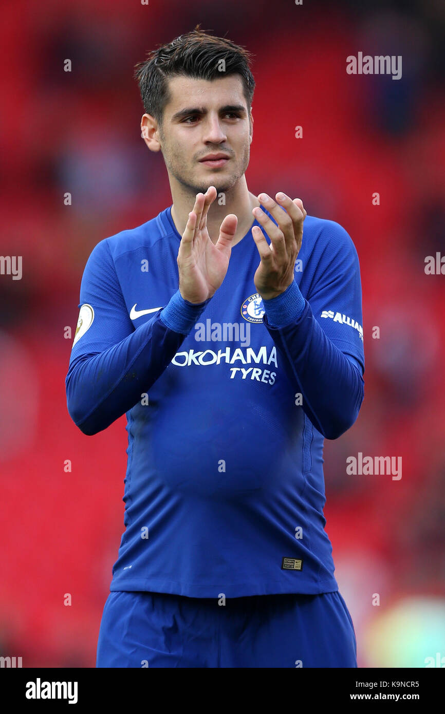 Chelsea's Alvaro Morata celebrates his hat trick with the match ball under  his shirt after the Premier League match at the bet365 Stadium,  Stoke-on-Trent Stock Photo - Alamy