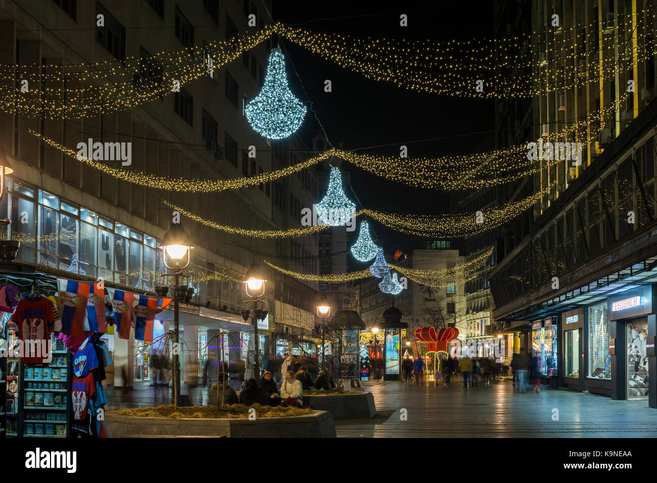 Knez Mihailova Street, Decorated by Christmas Lights, Belgrade Stock Photo