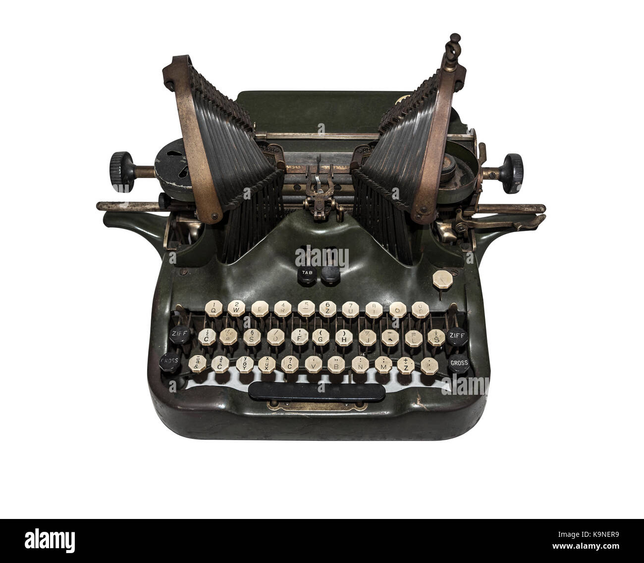 Old typewriter isolated on white background. Stock Photo