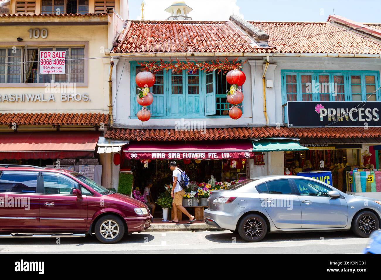 SINGAPORE - SEPTEMBER 7, 2017: Restored shophouses along Arab Street in the muslim enclave of Kampong Glam retain their historic colonial architectura Stock Photo