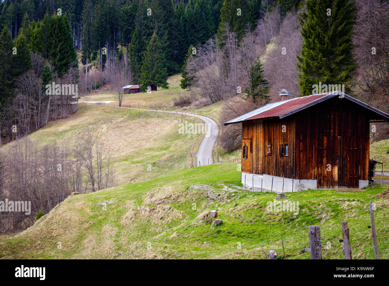 A barn in the Kleinwalsertal where the snow melted after the first warm spring days Stock Photo