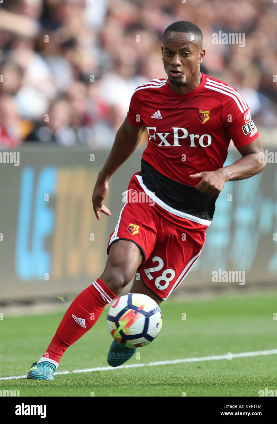 Watford's Andre Carrillo during the Premier League match at the Liberty Stadium, Swansea. PRESS ASSOCIATION Photo. Picture date: Saturday September 23, 2017. See PA story SOCCER Swansea. Photo credit should read: David Davies/PA Wire. RESTRICTIONS: EDITORIAL USE ONLY No use with unauthorised audio, video, data, fixture lists, club/league logos or 'live' services. Online in-match use limited to 75 images, no video emulation. No use in betting, games or single club/league/player publications Stock Photo