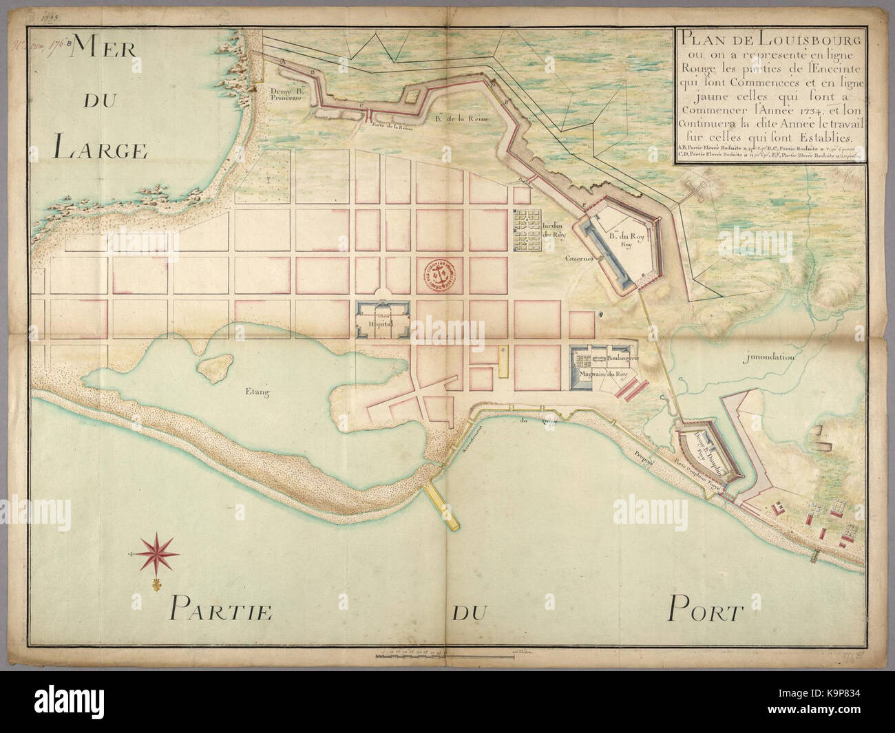Plan de Louisbourg ou on a represente en ligne rouge les parties de l enceinte qui sont commencees et en ligne jaune celles qui sont a commencer l annee 1734 Stock Photo