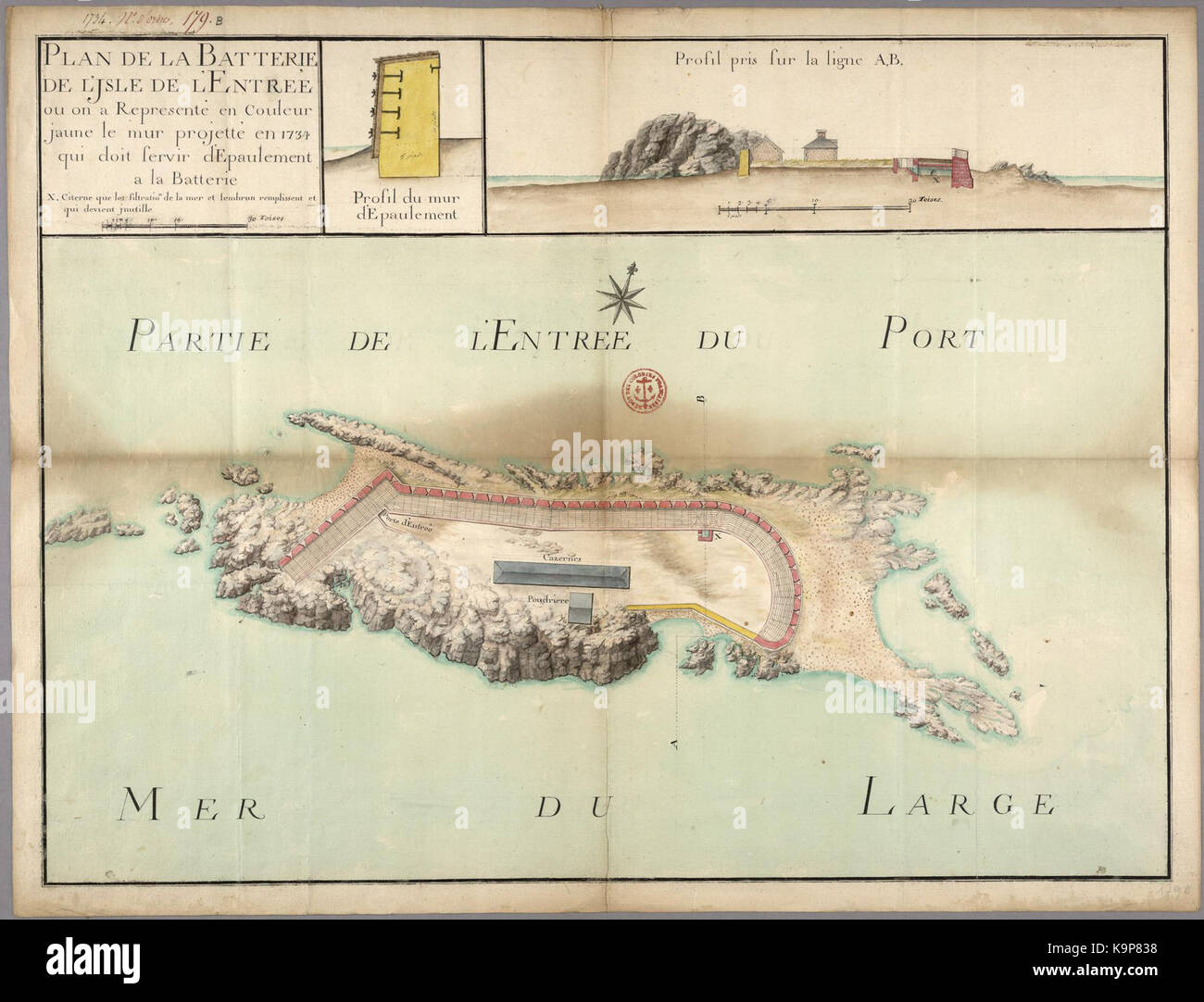 Plan de la Batterie de l Isle de l Entree ou on a represente en couleur jaune le mur projete en 1734 qui doit servir d epaulement a la Batterie Stock Photo