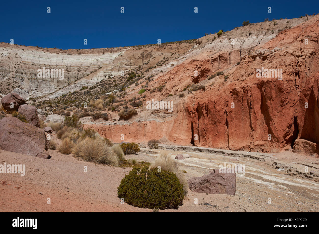 Colourful eroded rock formations along Quebrada Chuba, a river valley ...