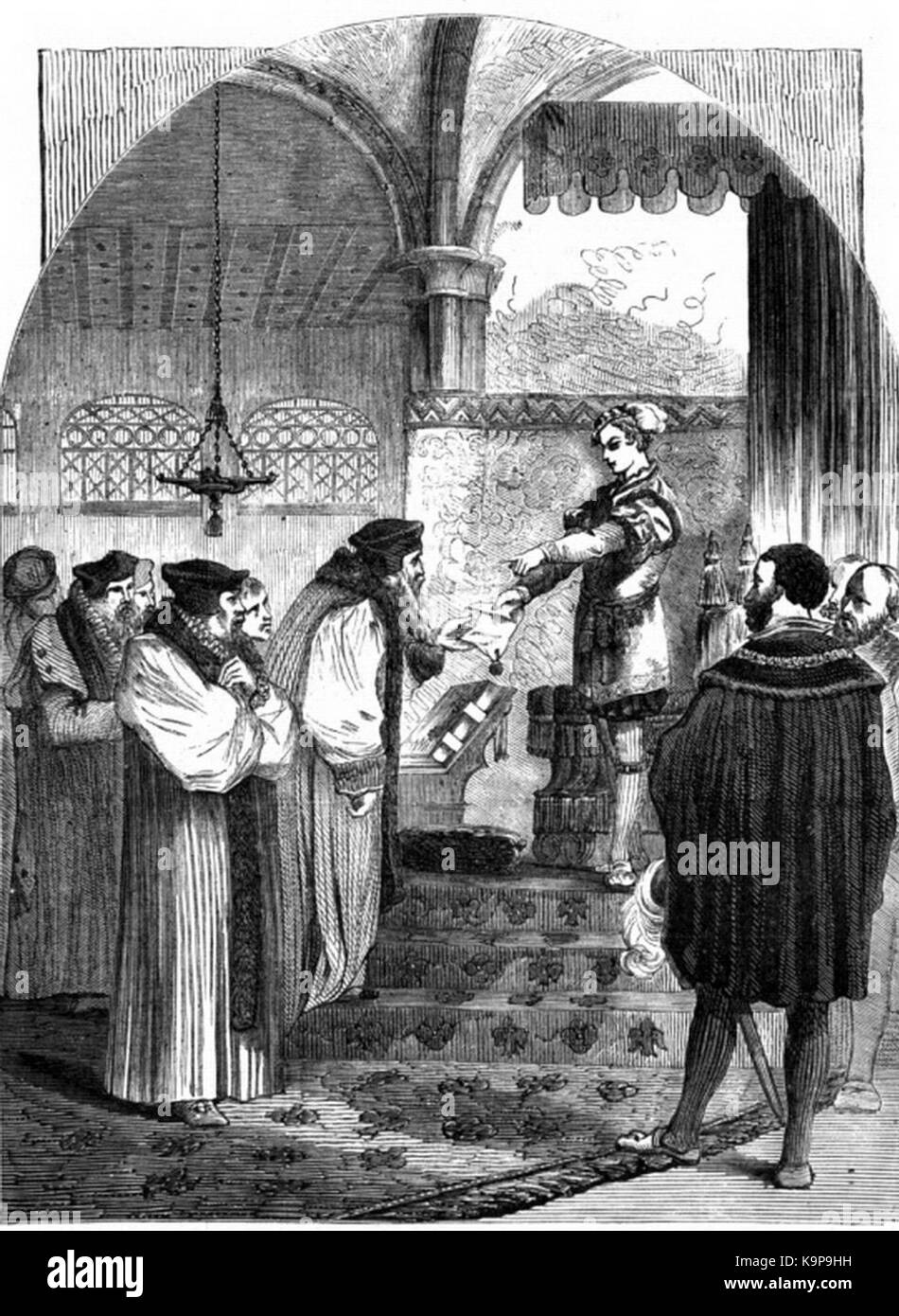 P325 Edward VI. presenting the Warrent for the Execution of Joan Bocher to Archbishop Cranmer Stock Photo